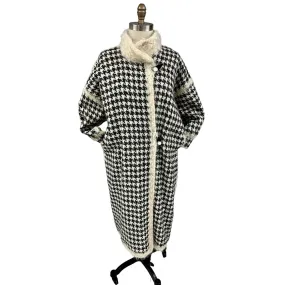 80s VTG Mohair /Wool Reversible B&W Houndstooth/ Cream Sweater Coat Womens L/XL