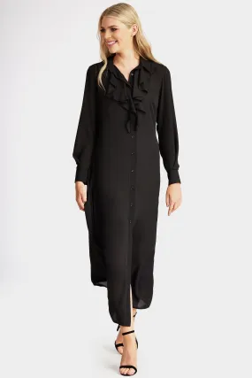 Black Frill Front Maxi Shirt Dress