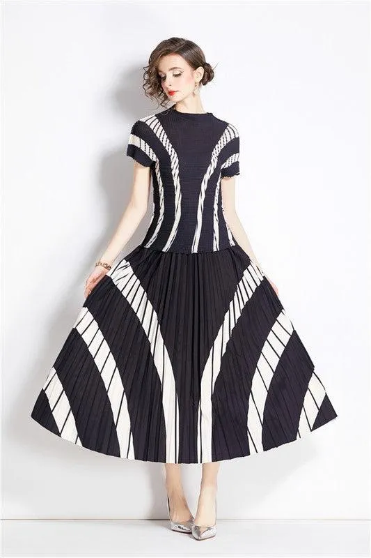 Black Multi Striped Two Piece Skirt Set