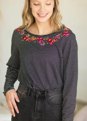 Black Striped Knit Embroidered Top - FINAL SALE