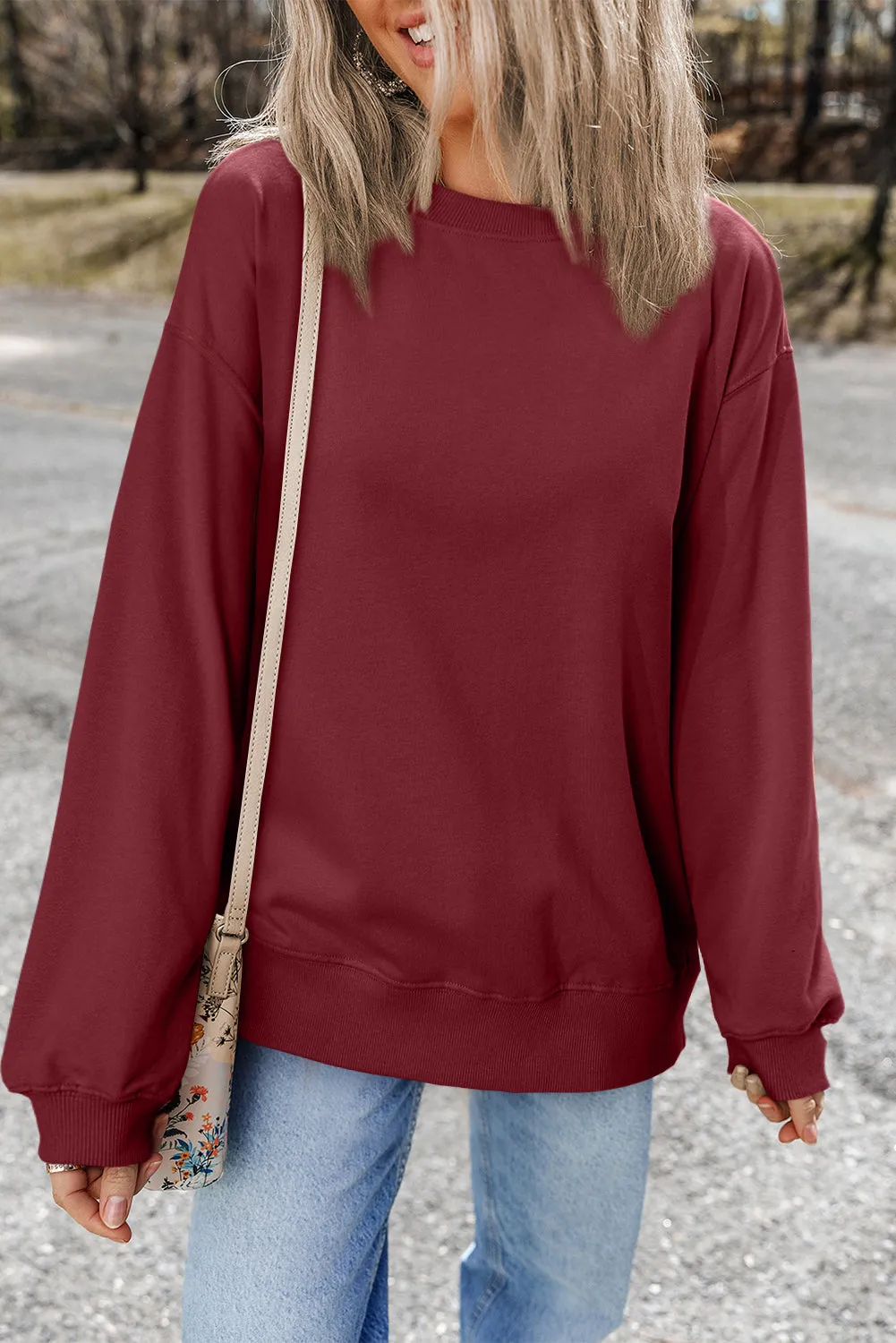 Burgundy Plain Drop Shoulder Crewneck Pullover Sweatshirt