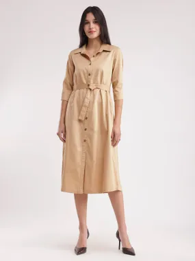 Cotton Satin Shirt Dress - Beige