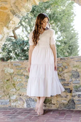 'Desiree' Cotton Smocked Bodice Striped Midi Dress in Ivory FINAL SALE