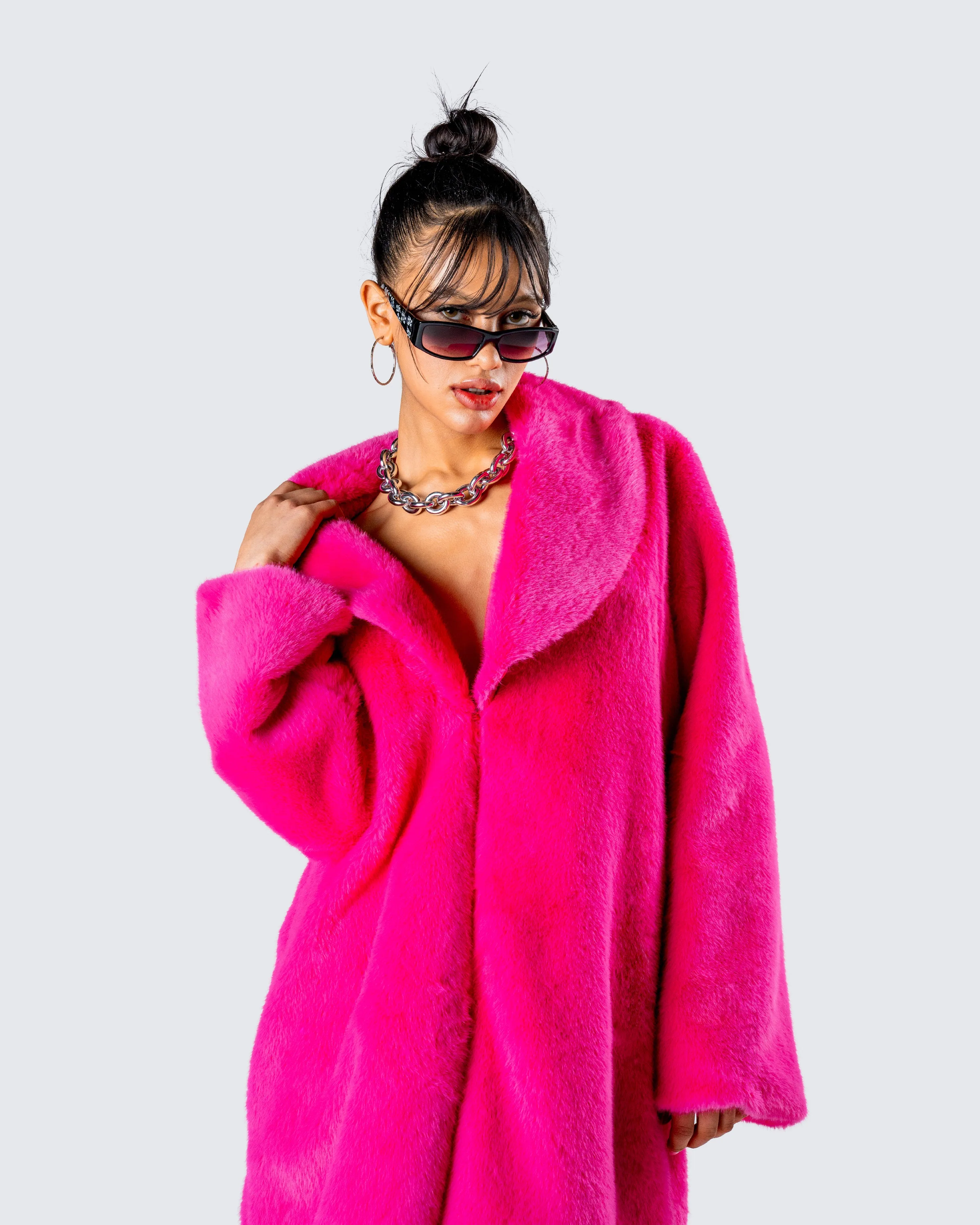 Dorinne Hot Pink Vegan Fur Coat