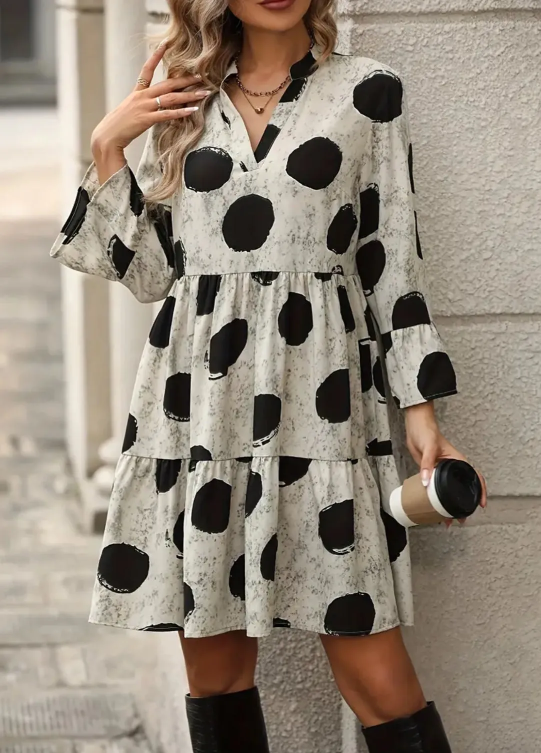 Earth Tone Polka Dot Print Flounce Sleeve Ruffle Hem Smock Dress