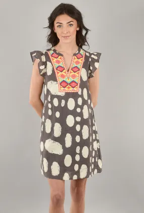 Embroidered-Bib Print Dress, Gray