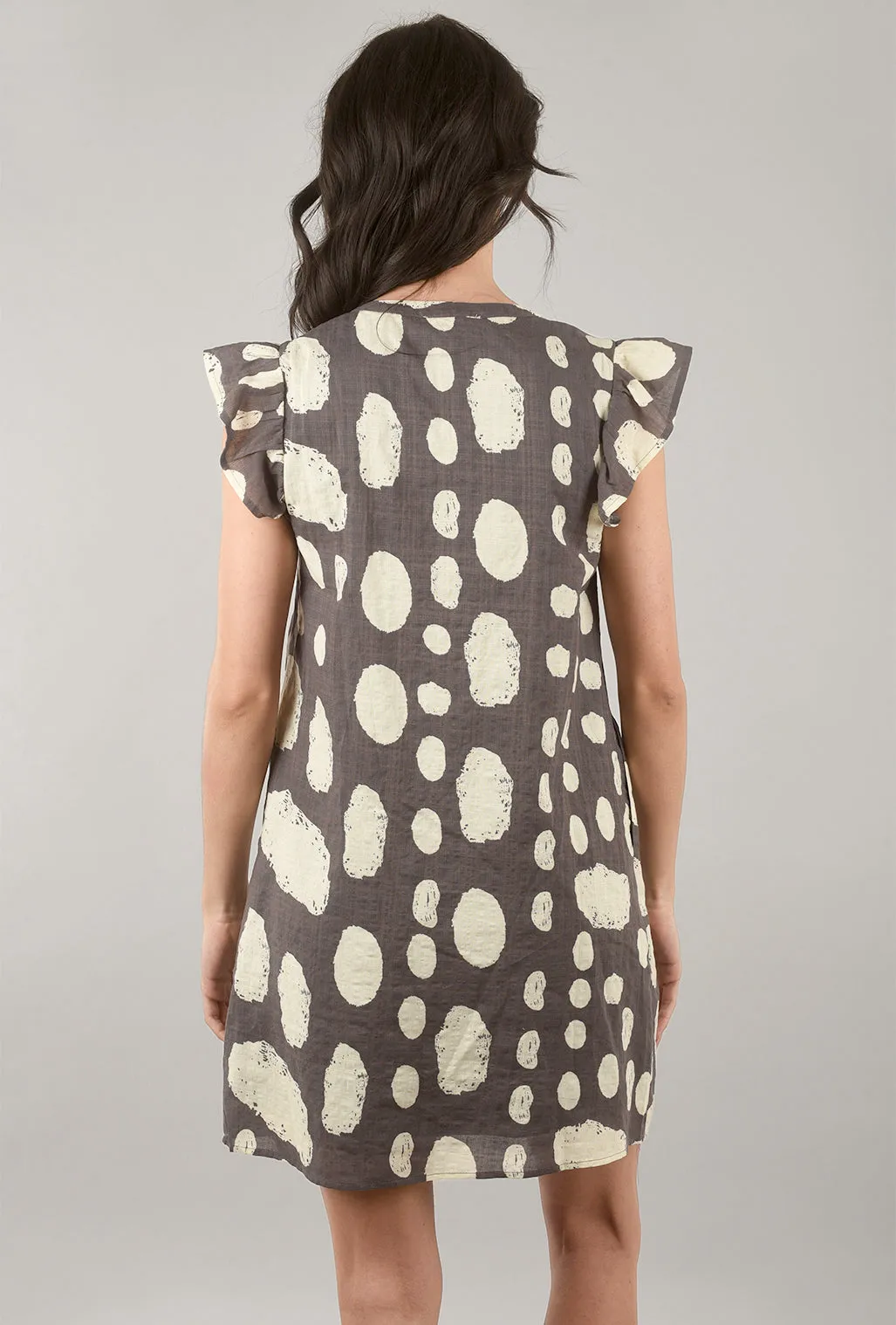 Embroidered-Bib Print Dress, Gray