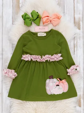 Green & Peach Embroidered Pumpkin Patch Ruffle Dress