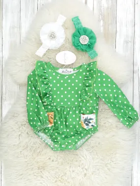 Green Polka Dot Floral Pocket Ruffle Romper