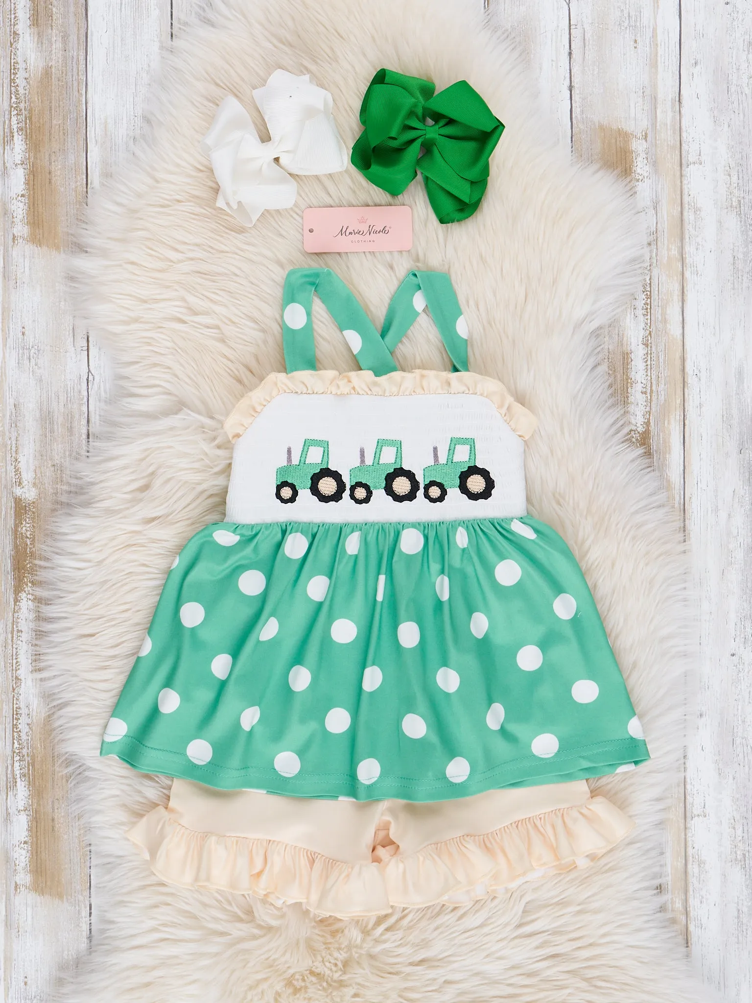 Green Smocked Polka Dot Tractor Outfit