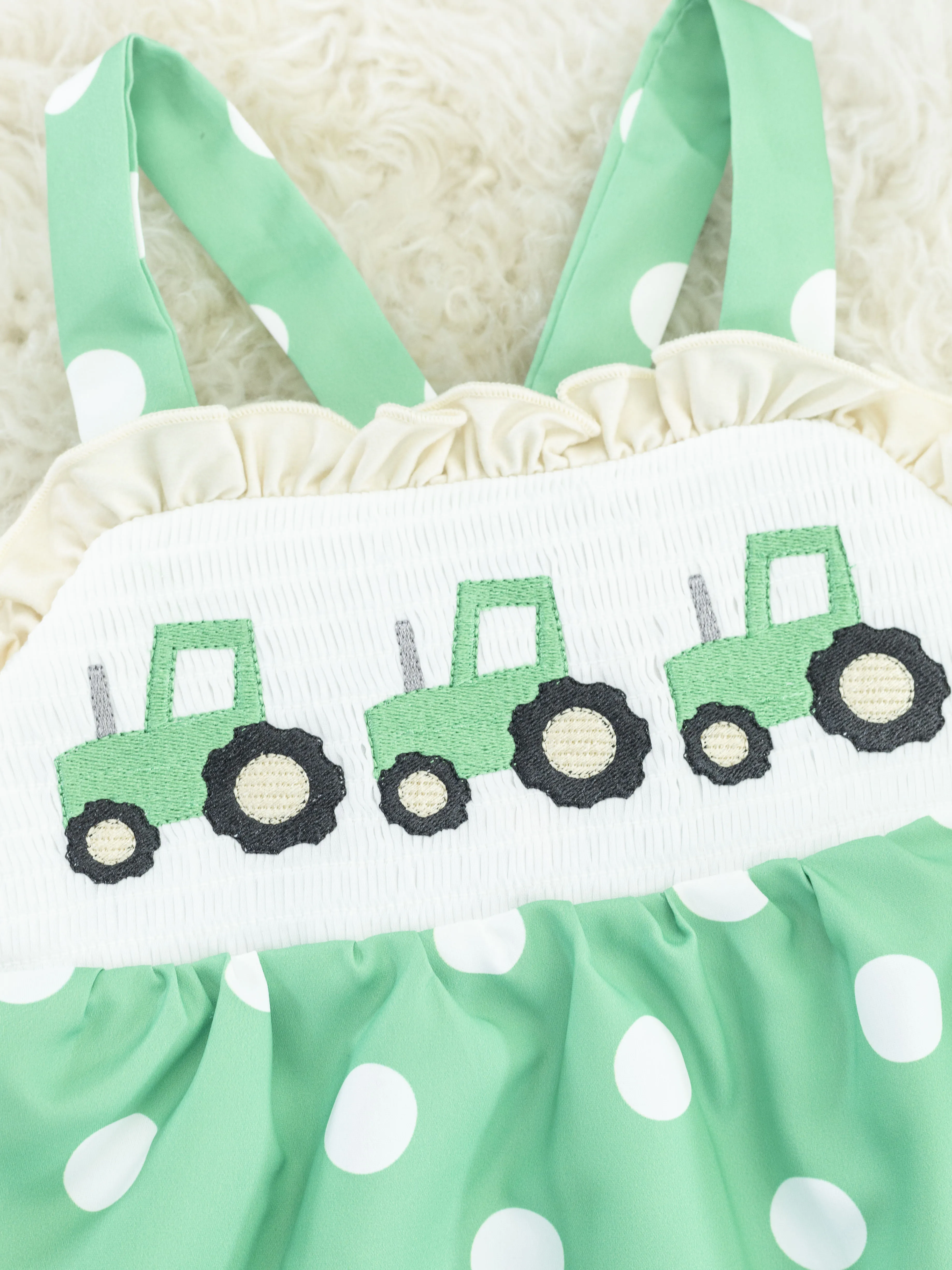 Green Smocked Polka Dot Tractor Outfit