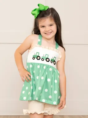 Green Smocked Polka Dot Tractor Outfit