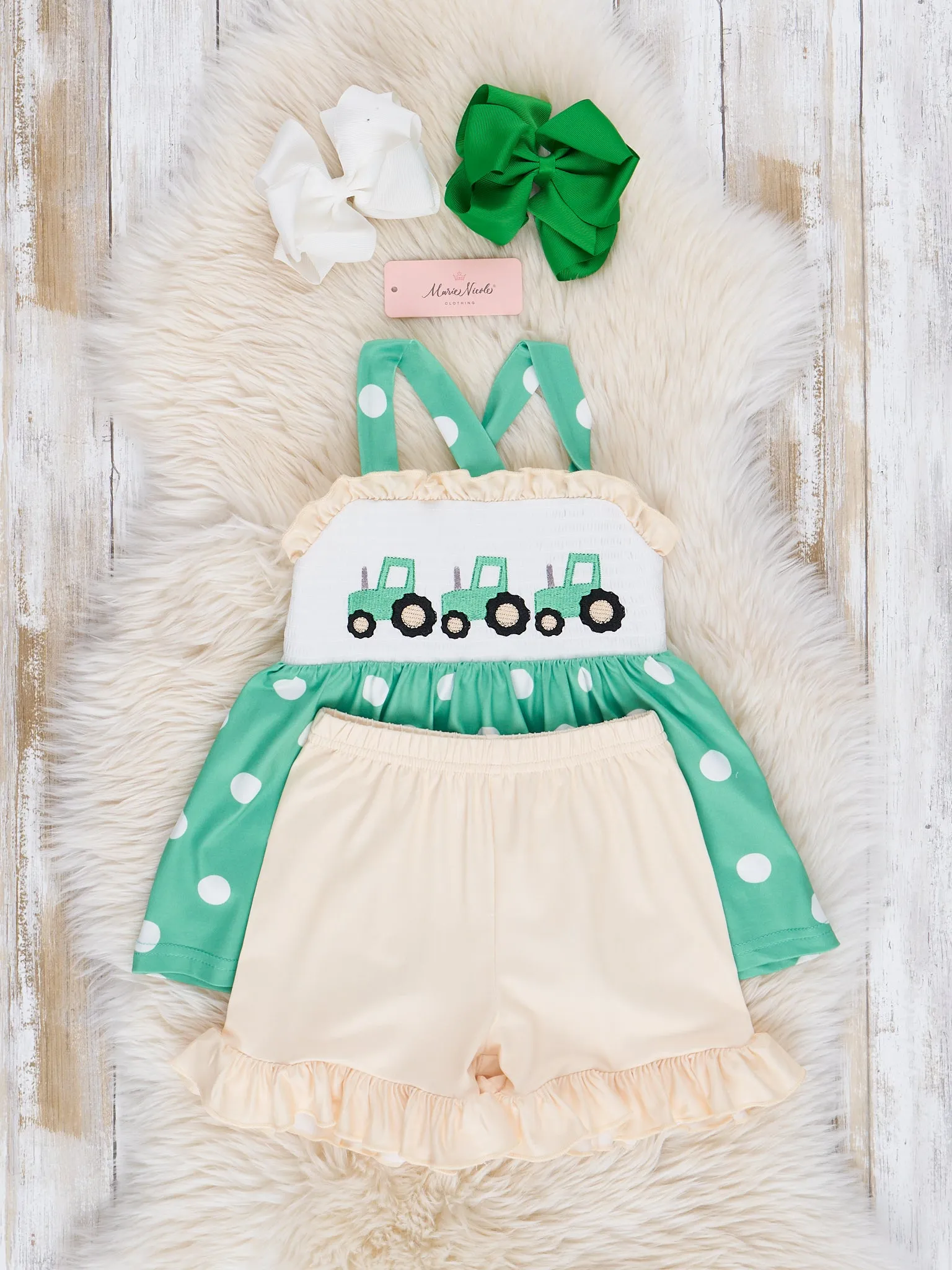 Green Smocked Polka Dot Tractor Outfit