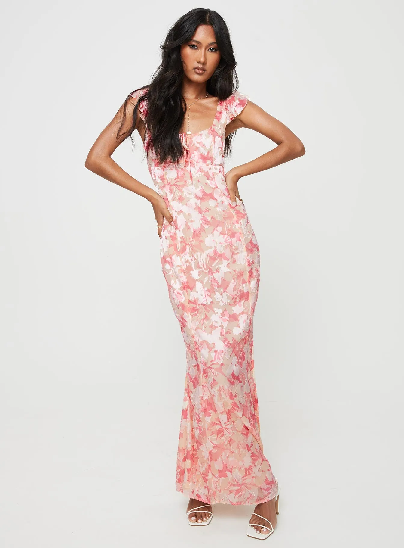 Julianne Flutter Sleeve Maxi Dress Pink Multi