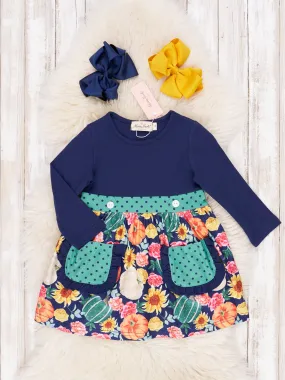 Navy & Teal Dot Pumpkin Ruffle Dress