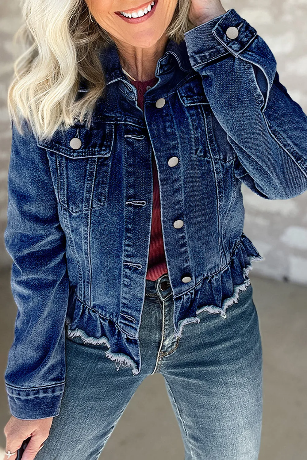 Navy Blue Ruffle Raw Hem Flap Pockets Denim Jacket