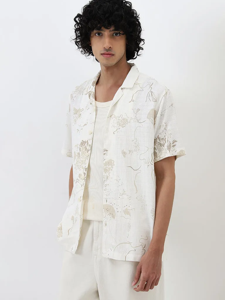 Nuon Beige Abstract Printed Relaxed-Fit Cotton Shirt