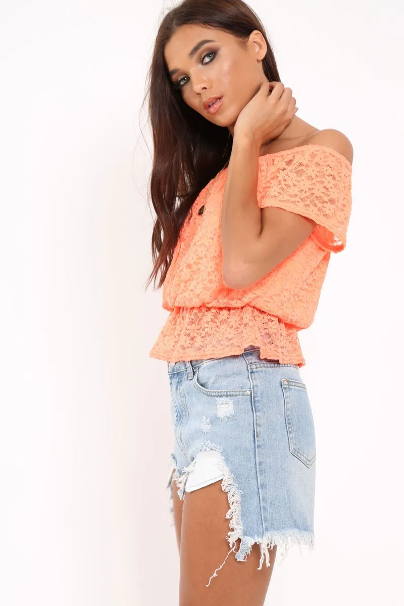 Orange Lace Frill Bardot Top - Aarin