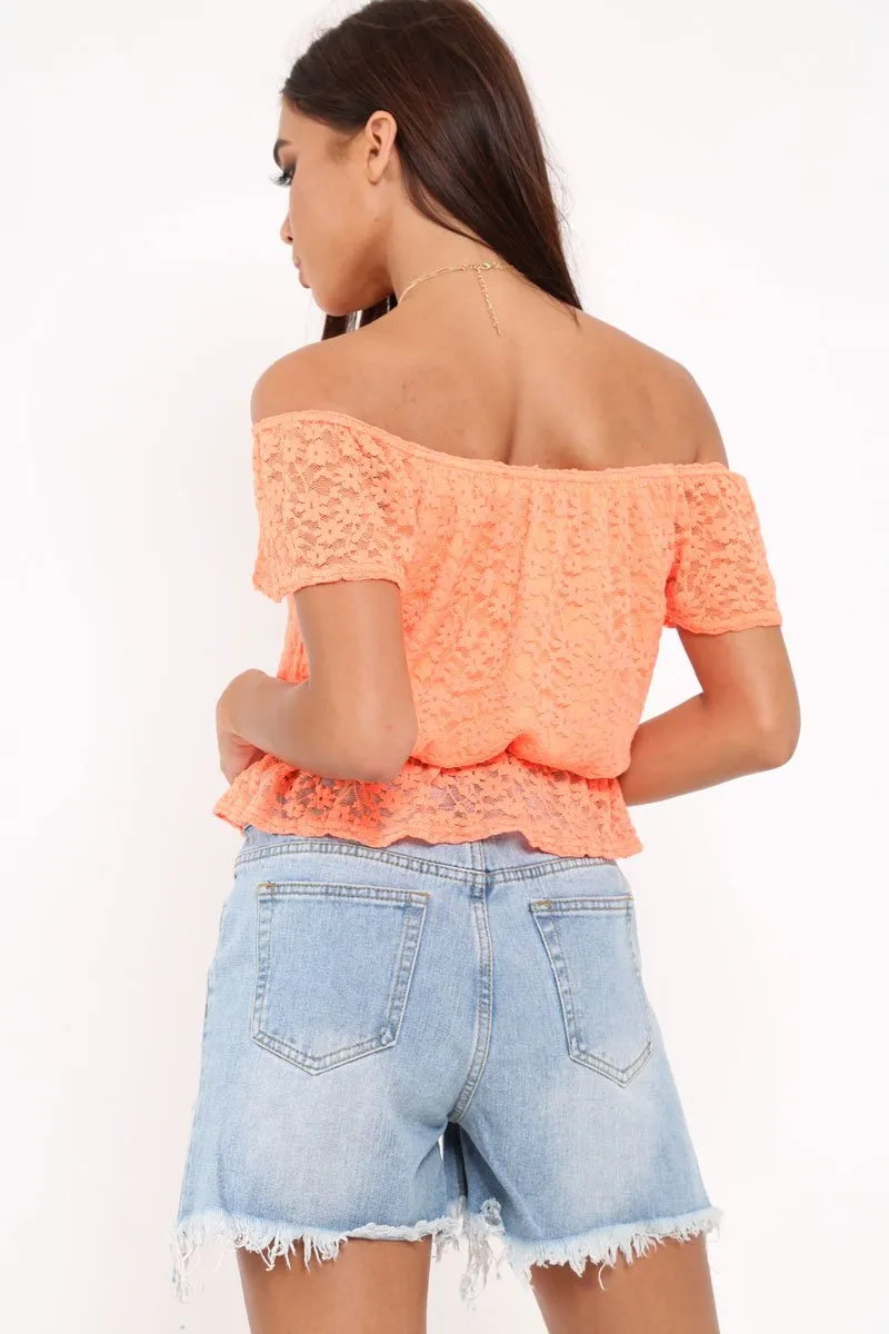 Orange Lace Frill Bardot Top - Aarin