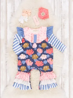 Pink & Blue Garden Ruffle Romper