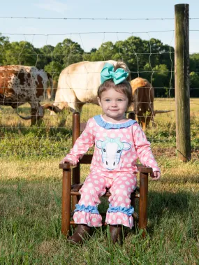 Pink Polka Dot Cow Ruffle Romper