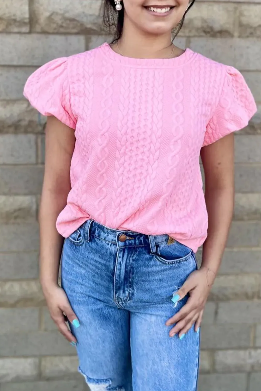 Pink Textured Puff Sleeve T Shirt