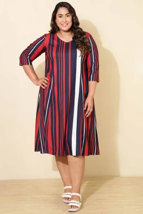 Plus Size Red Blue Striped A line Dress