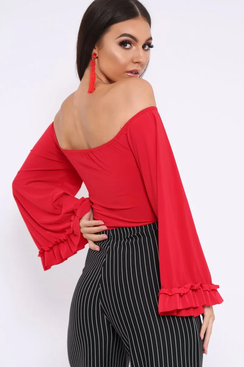 Red Bardot Frill Flare Sleeve Bodysuit - Sofiya