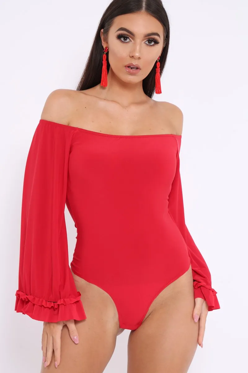 Red Bardot Frill Flare Sleeve Bodysuit - Sofiya