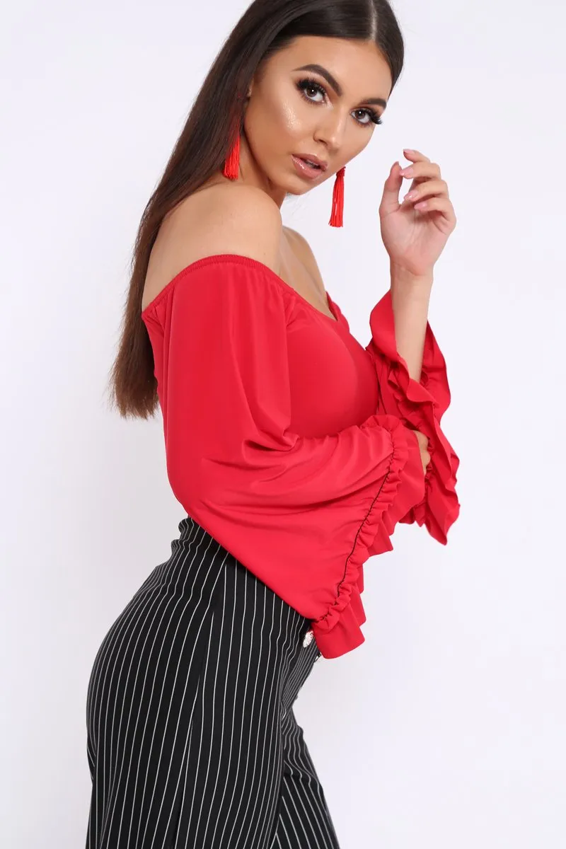 Red Bardot Frill Flare Sleeve Bodysuit - Sofiya