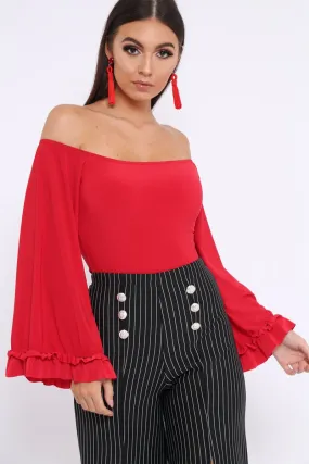 Red Bardot Frill Flare Sleeve Bodysuit - Sofiya