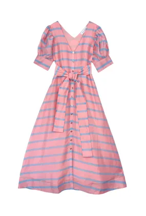 SAMPLE - Deep V Puff Sleeve Day Gown - MAXI - Blue Stripe