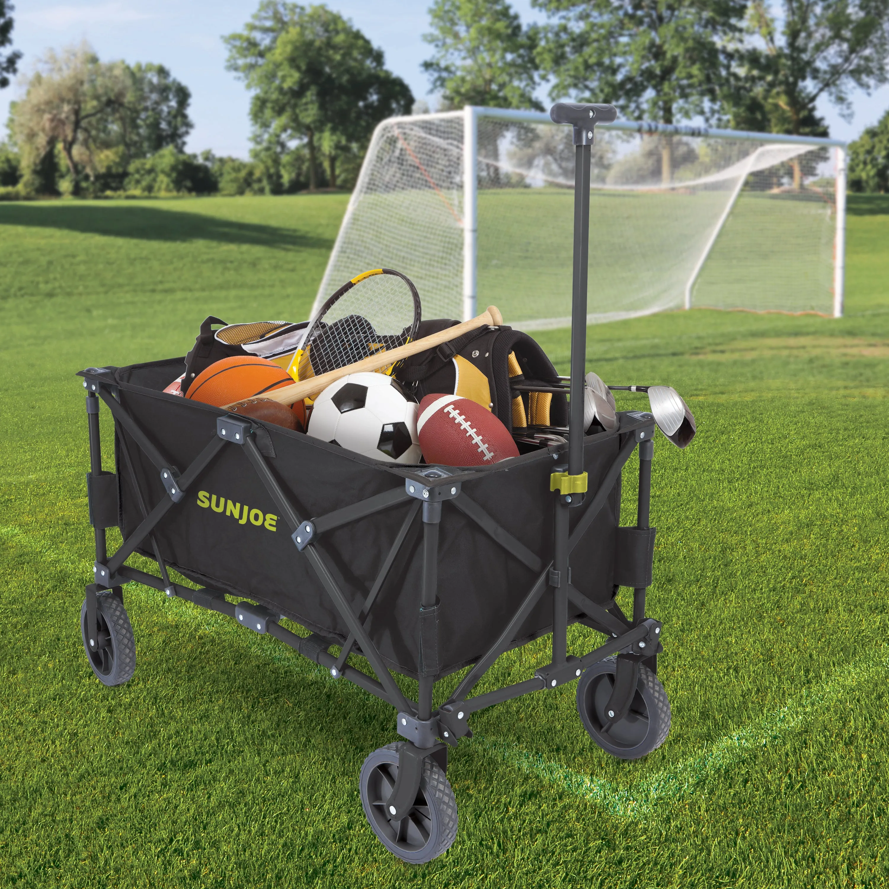 Sun Joe SJ-HDFC1 Heavy-Duty Metal Framed Garden Utility Wagon | w/ Swivel Front Wheels & Adjustable Handle | Collapsible Design for Easy Storage and Portability | 150 Lb. Load Capacity