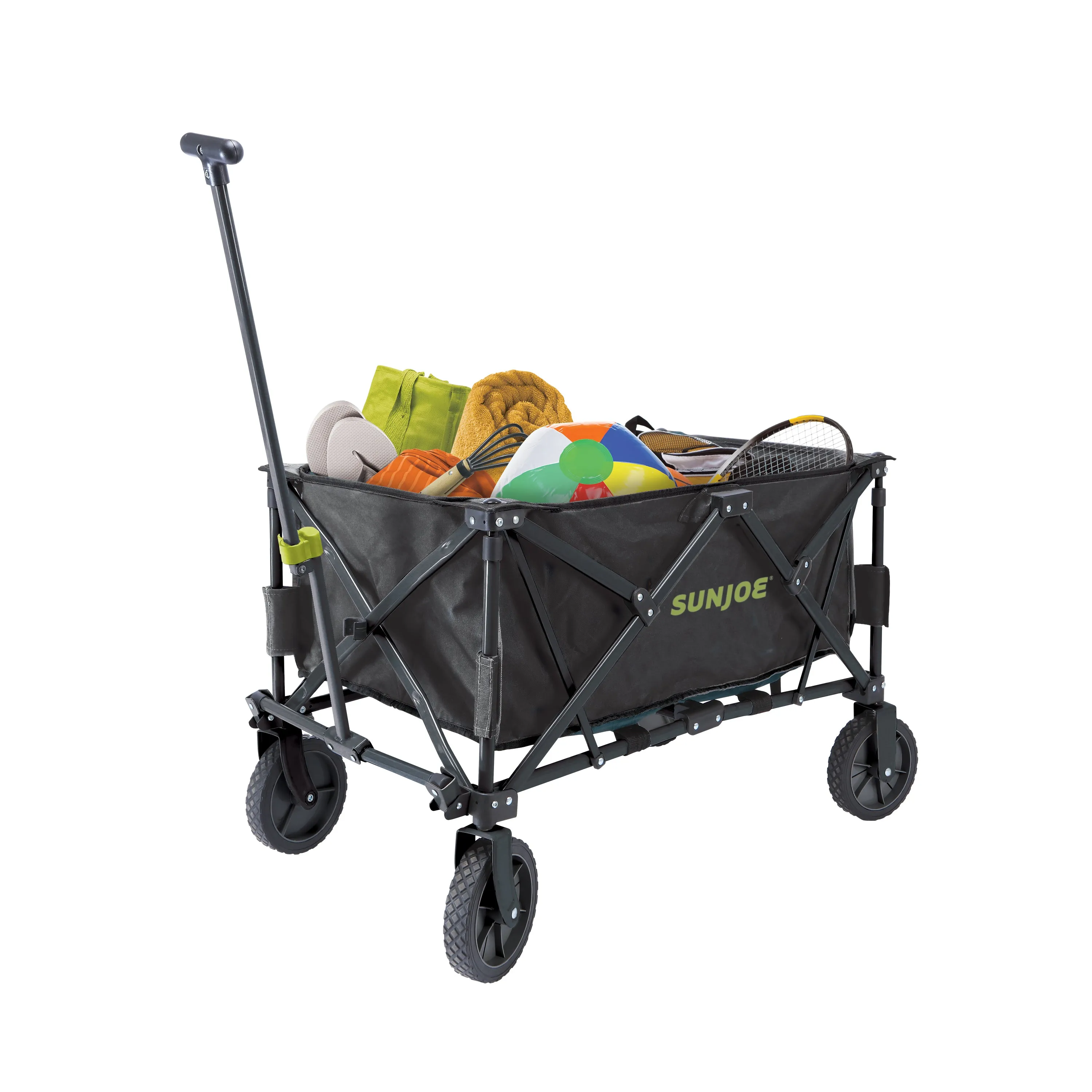 Sun Joe SJ-HDFC1 Heavy-Duty Metal Framed Garden Utility Wagon | w/ Swivel Front Wheels & Adjustable Handle | Collapsible Design for Easy Storage and Portability | 150 Lb. Load Capacity