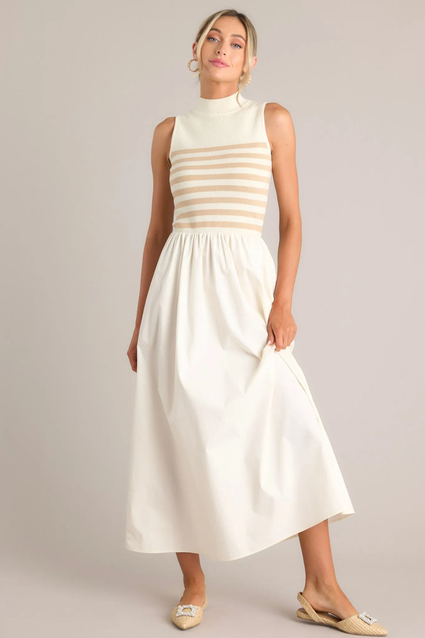 Timeless Treasures Tan Sleeveless Striped Maxi Dress