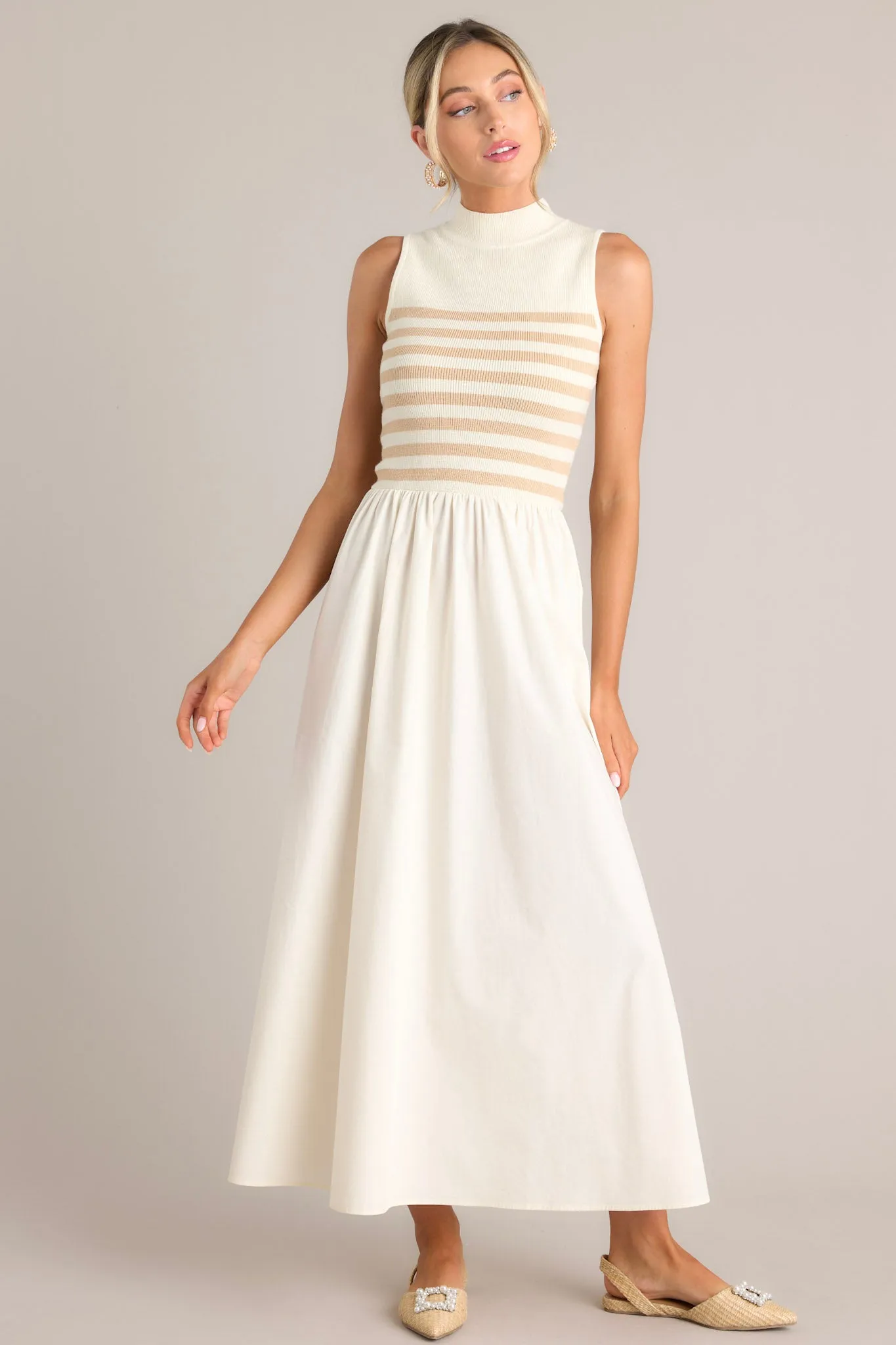 Timeless Treasures Tan Sleeveless Striped Maxi Dress