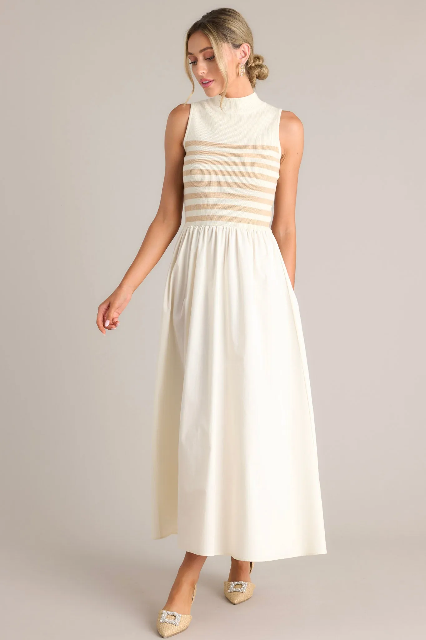 Timeless Treasures Tan Sleeveless Striped Maxi Dress