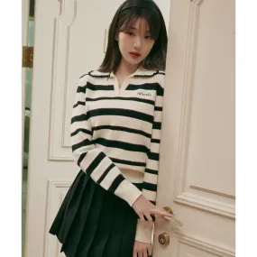 V NECK COLLAR STRIPE KNIT PULLOVER