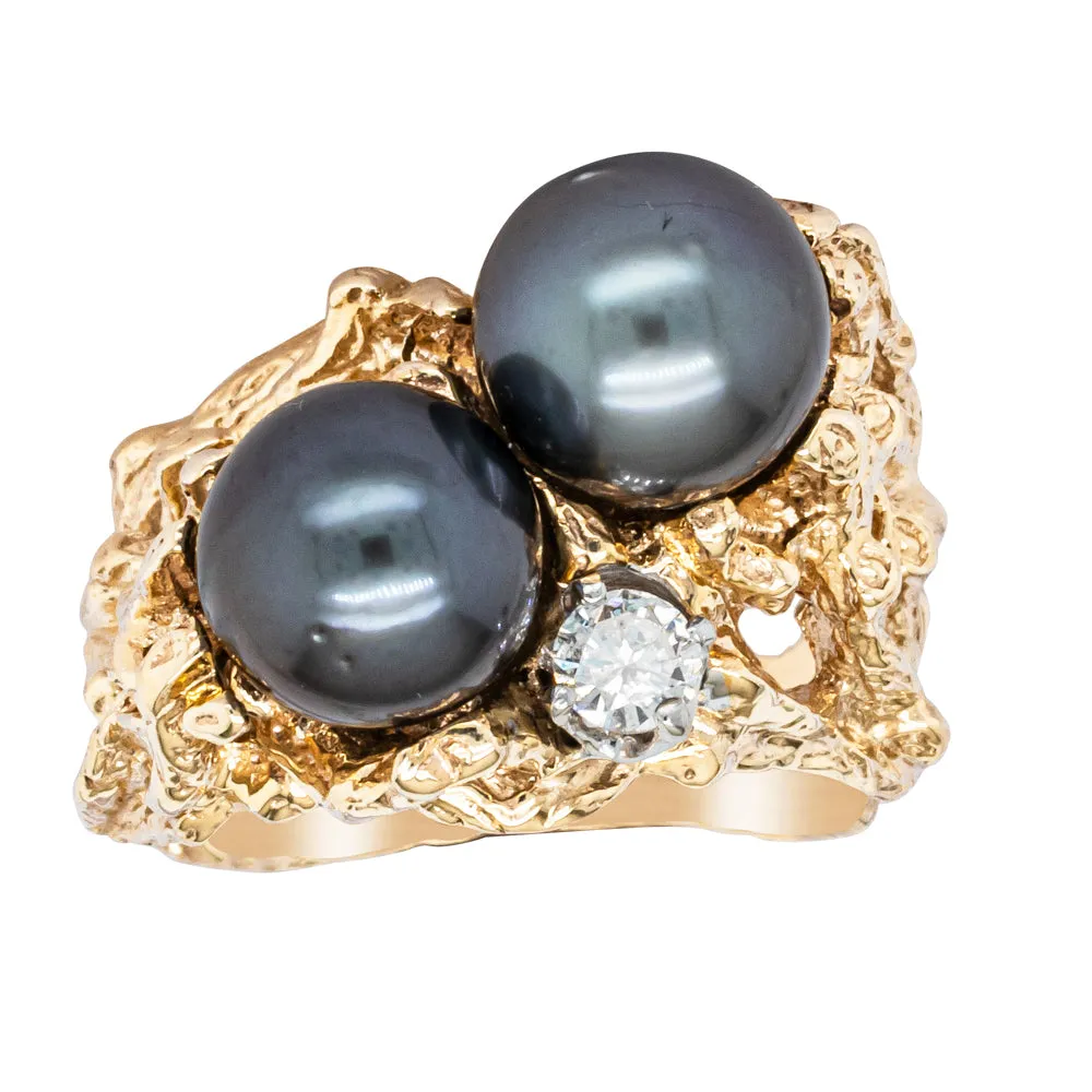 Vintage 11ct Yellow Gold Black Pearl & Diamond Ring