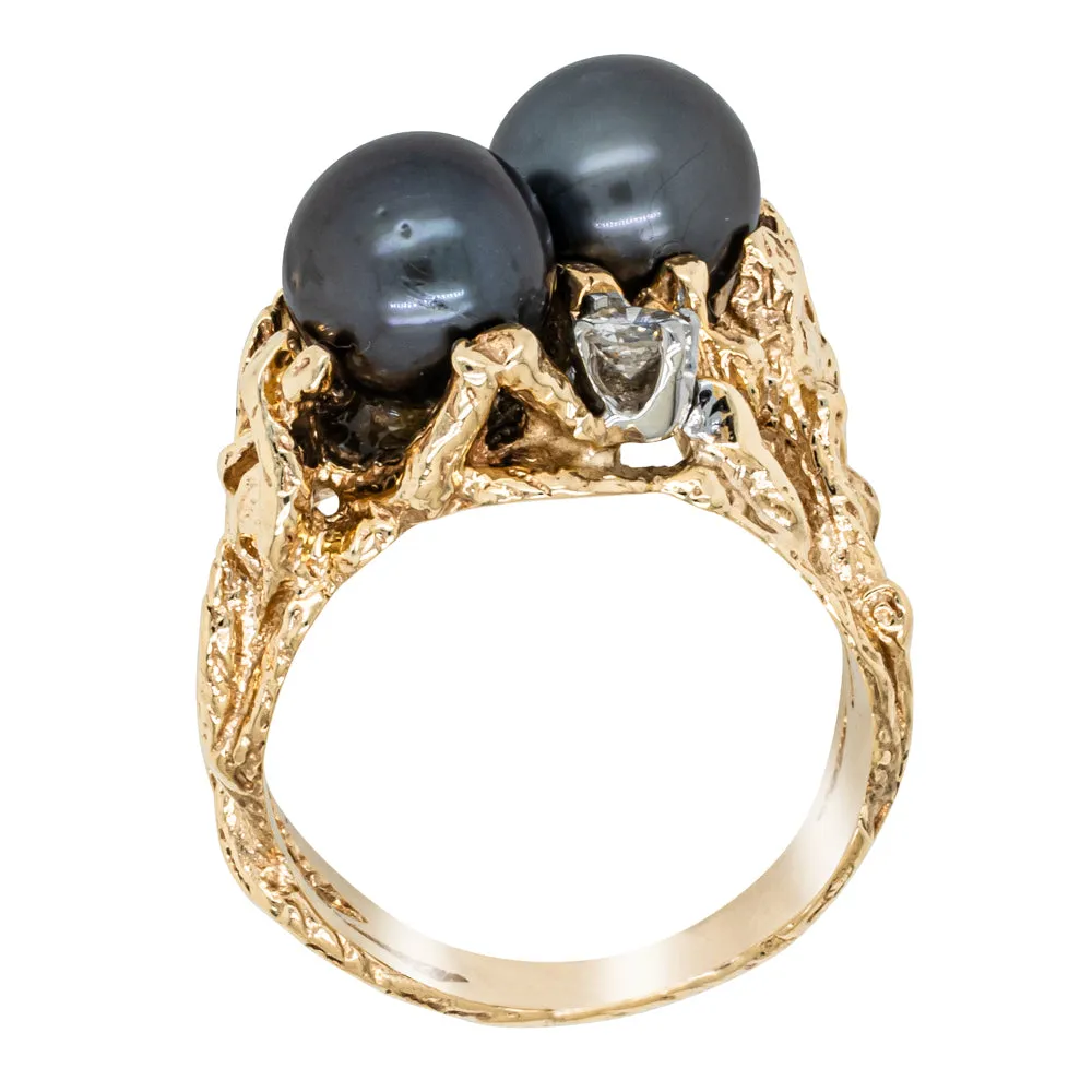 Vintage 11ct Yellow Gold Black Pearl & Diamond Ring