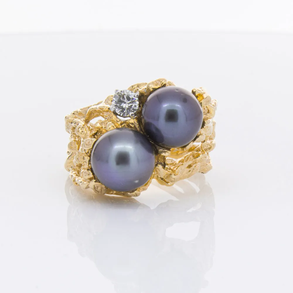 Vintage 11ct Yellow Gold Black Pearl & Diamond Ring