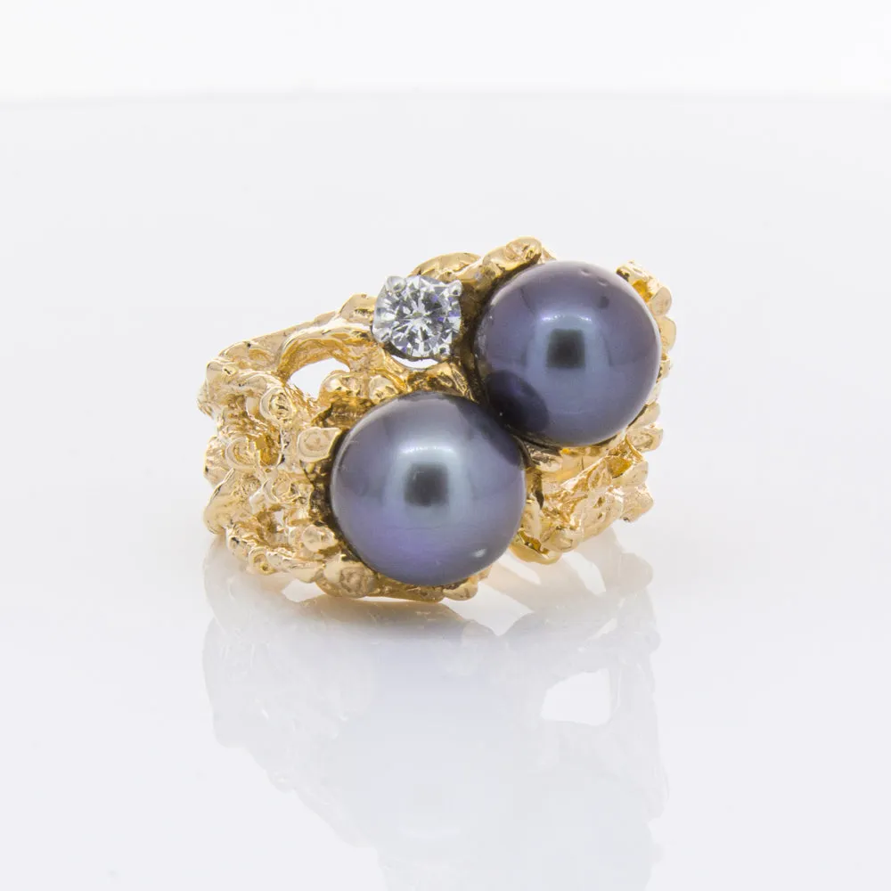 Vintage 11ct Yellow Gold Black Pearl & Diamond Ring