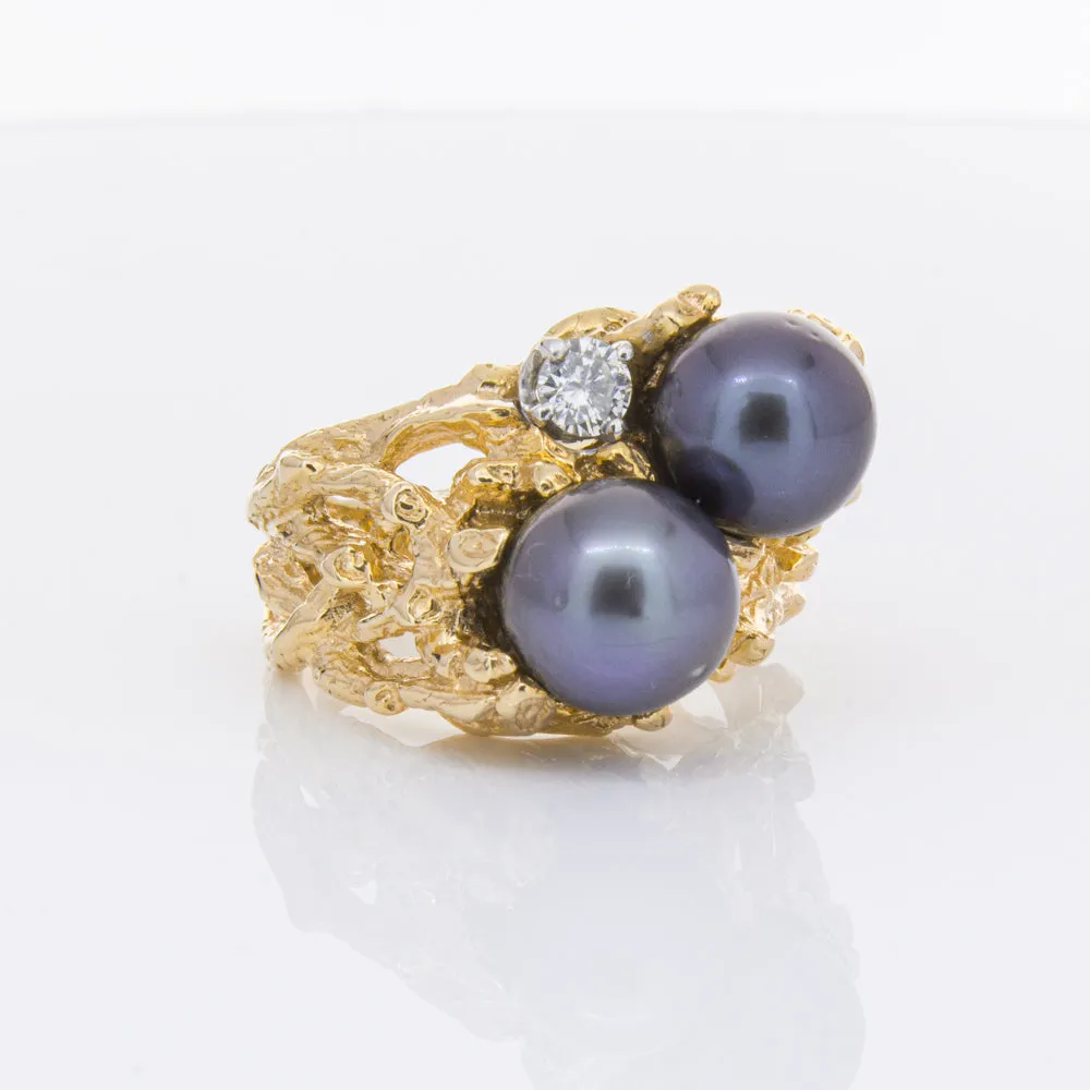 Vintage 11ct Yellow Gold Black Pearl & Diamond Ring