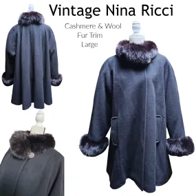 Vintage Nina Ricci Only at Bloomingdale's Cashmere Wool Swing Coat Fur Trim L/XL