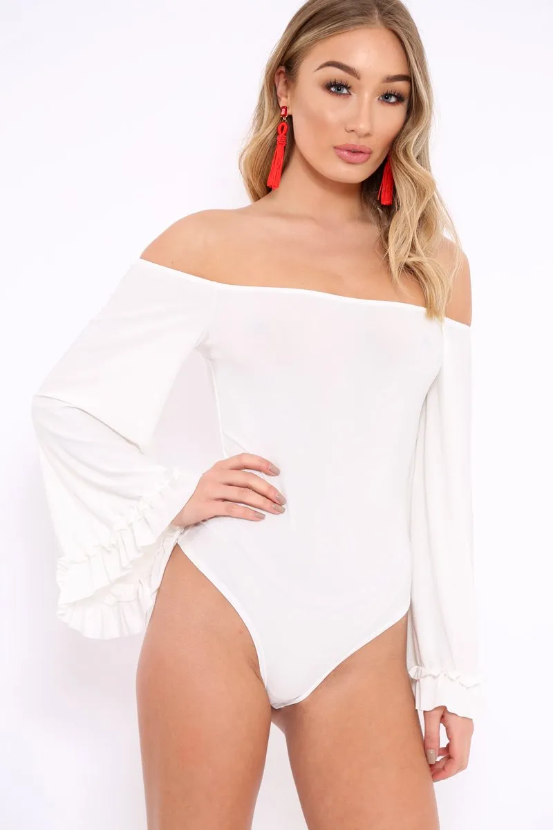 White Bardot Frill Flare Sleeve Bodysuit - Sofiya