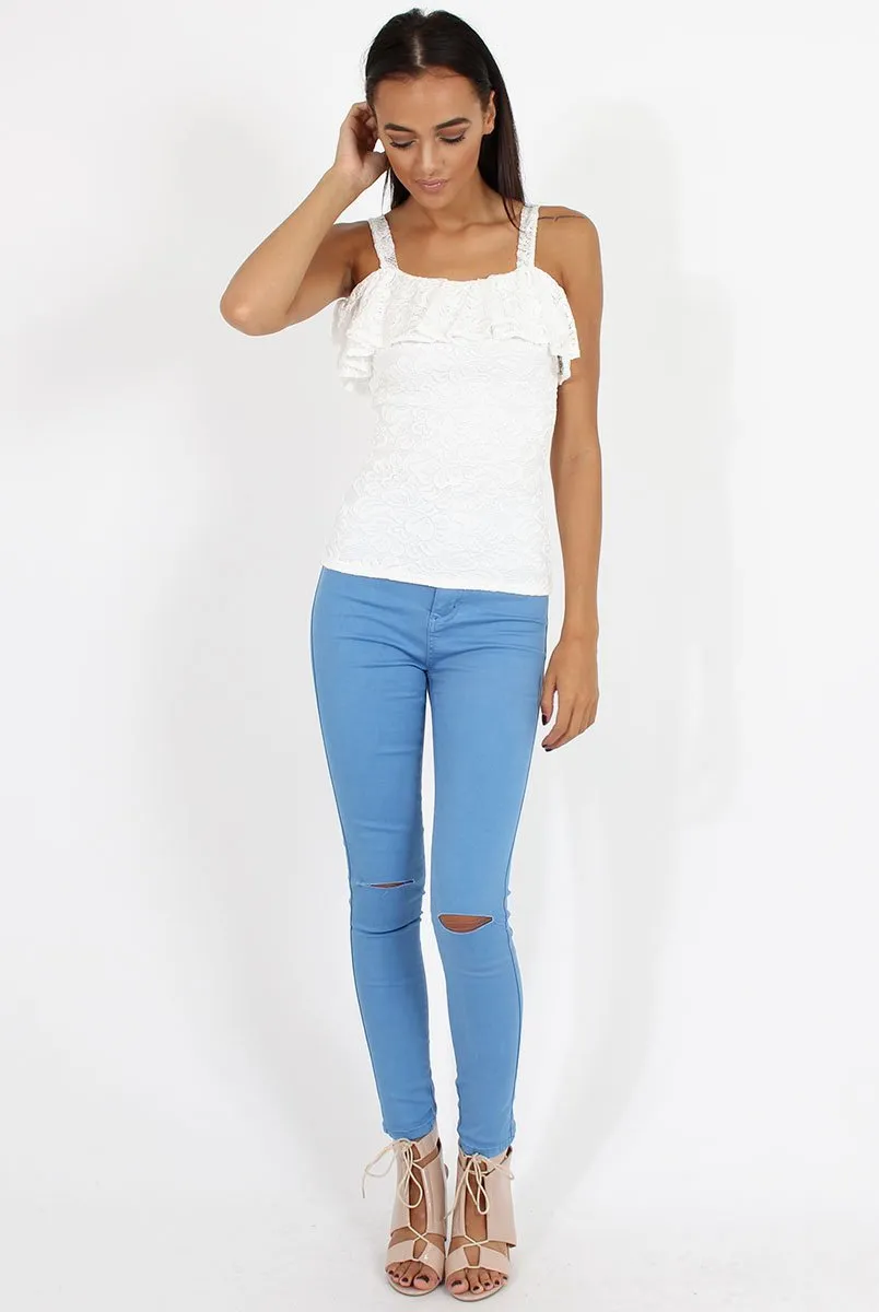 White Lace Strap Frill Top - Missy