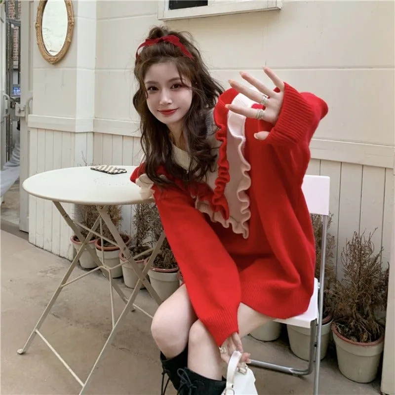 Women's Cute Double Color Ruffled Sweater