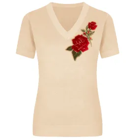 Women's khaki knitted V-neck embroidered T-shirt